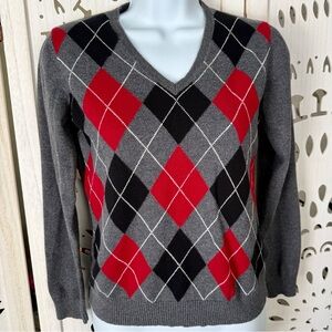 Charter Club Argyle V-Neck Sweater S Gray Red Black Preppy Classic